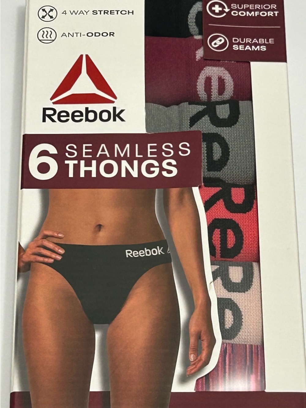 Reebok Women’s Seamless Thong 6-Pack – Black, Gray, Pink, Red, Cream, Maroon